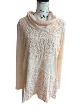 RXB Boho Romantic Lace Cowl Neck Sweater  pink Size XL